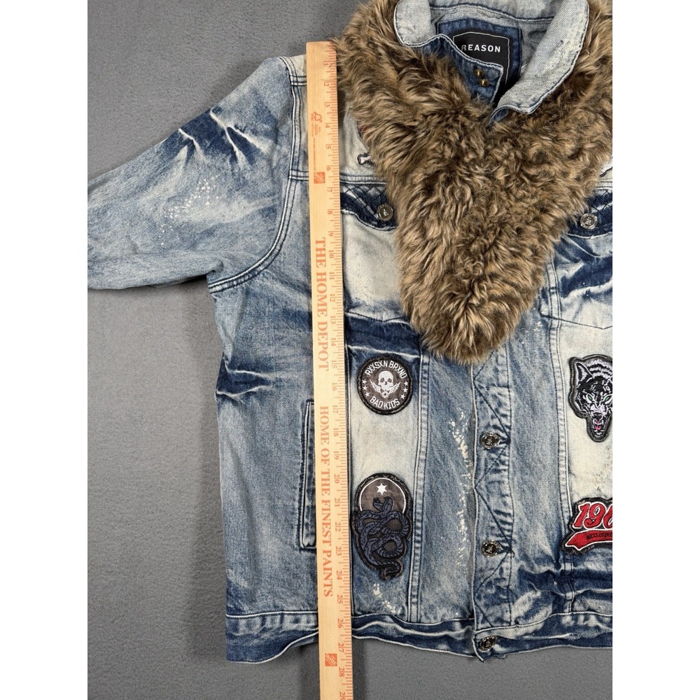 Reason Mulberry Moto Mens Acid Wash Graphic Denim Jacket 2XL Faux Fur Blue - Picture 6 of 8